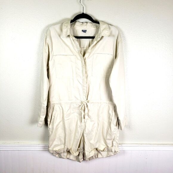 Women's Off White Linen Blend Long Sleeve Short Romper Jumpsuit Size Large - Picture 1 of 10